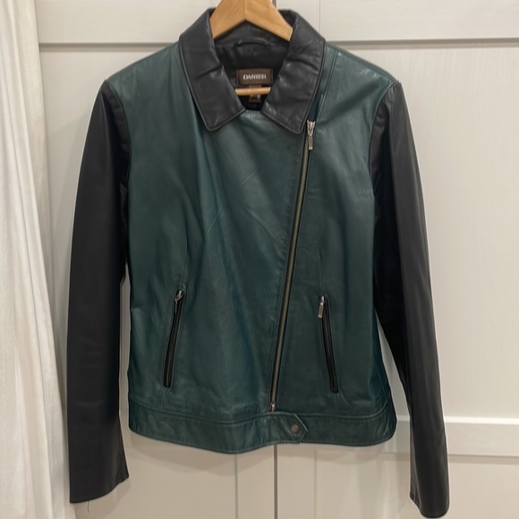 Danier Genuine Leather black and green Jacket Moto Style women’s large - Picture 7 of 13